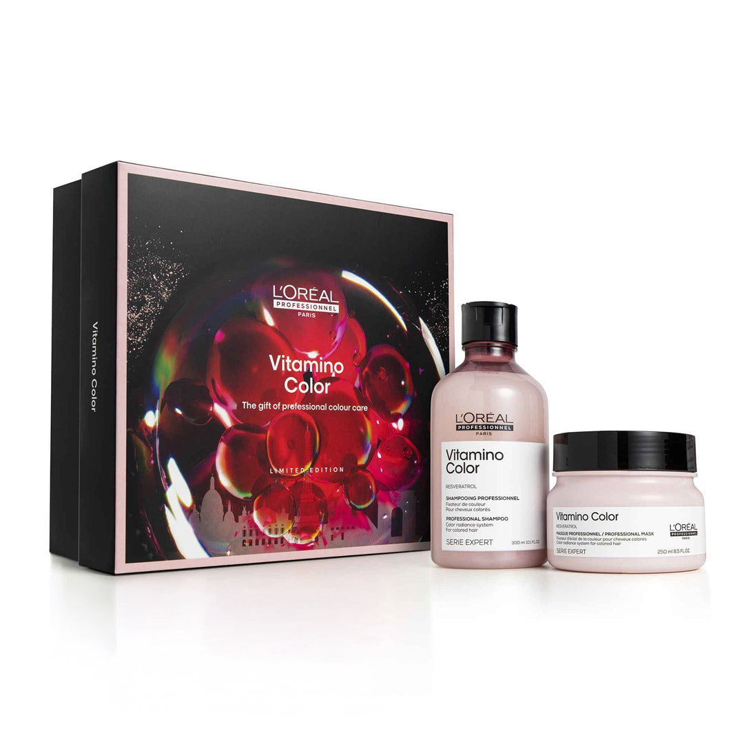 L'Oreal Vitamino Color hair care set with packaging on a white background