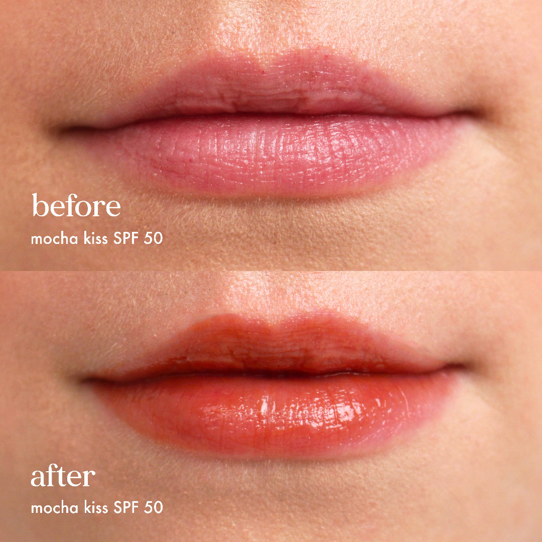 Before and after comparison of lips with 'mocha kiss SPF 50' lip product.