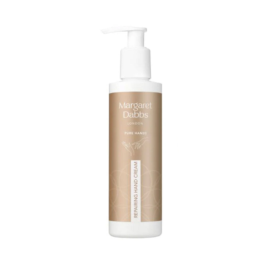 Hand cream bottle with 'Margaret Dabbs London' branding on a white background