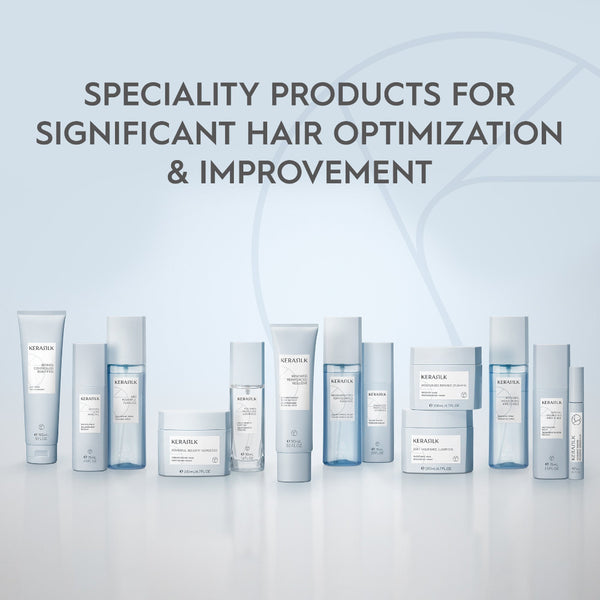 Row of skincare products with a light blue gradient background and text about hair optimization.