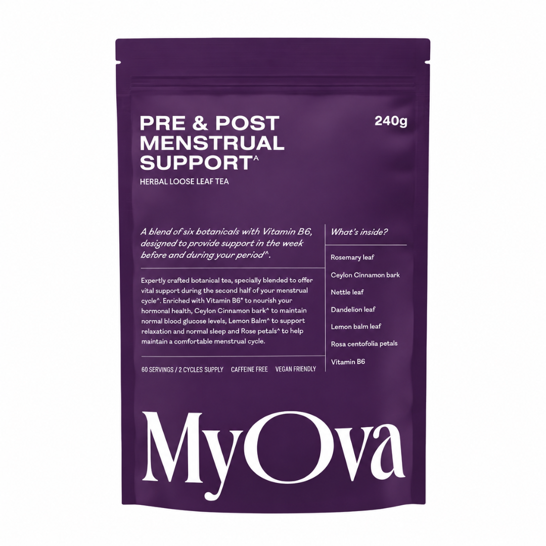 A purple stand-up pouch of MyOva Pre & Post Menstrual Support Herbal Loose Leaf Tea, 240g, on a plain white background.