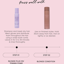 Product usage instructions for Blonde Plus 10V Toning Foam and Blonde Condition on a pink background