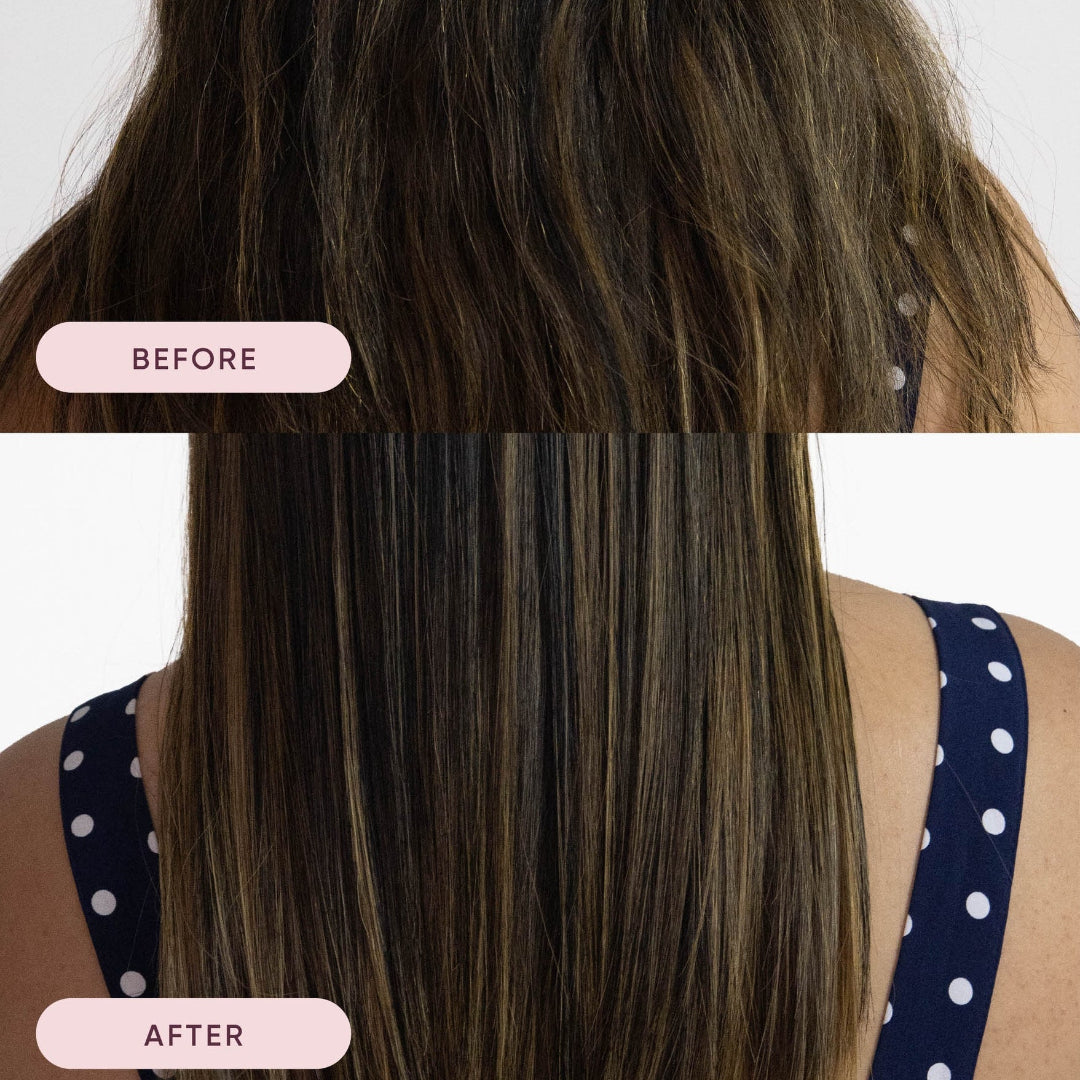 Before and after comparison of hair treatment showing a person with unstyled hair at the top and styled hair at the bottom.