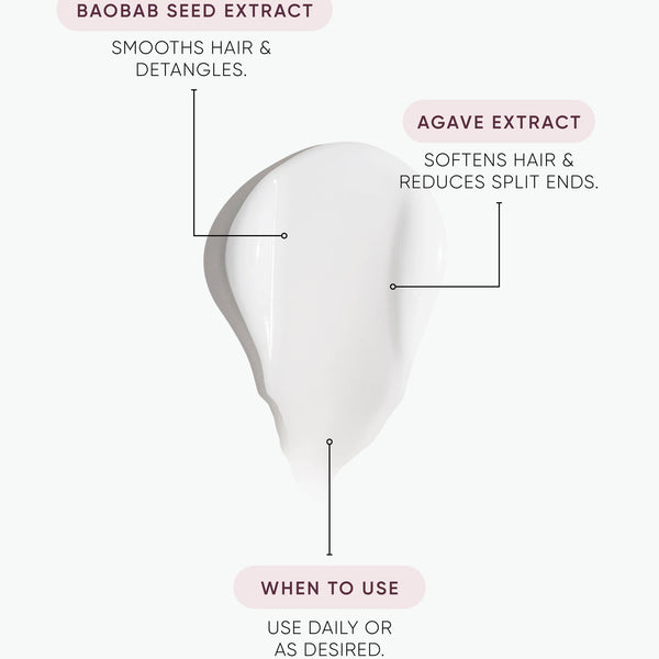 Hair product with baobab seed extract and agave extract labeled on a white background