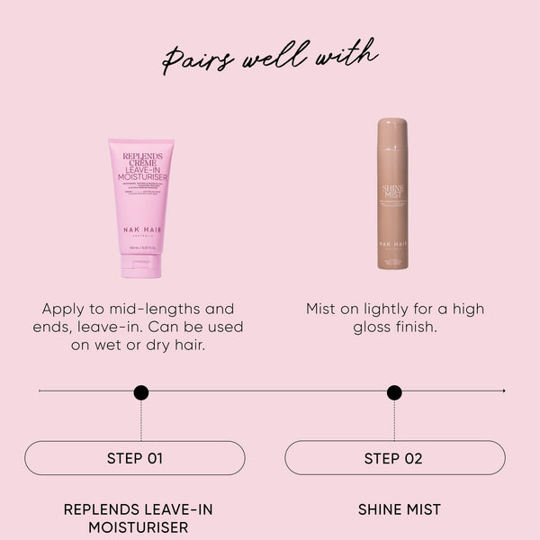 Two hair care products on a pink background with text describing their uses.
