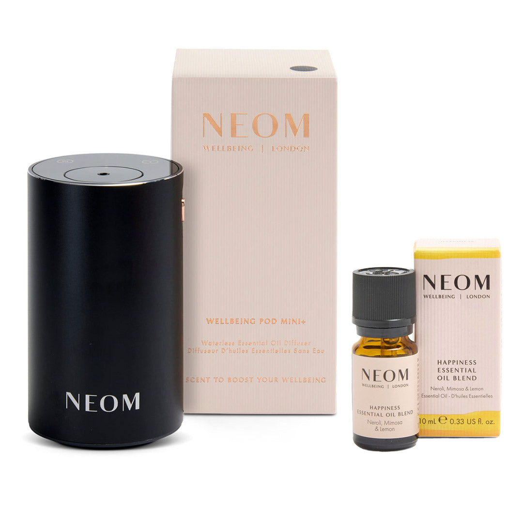 NEOM Wellbeing Pod Mini+ Waterless Essential Oil Diffuser - Black and Happiness Essential Oil Blend Duo