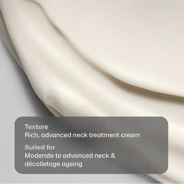 A close-up of thick, creamy off-white skincare cream with a semi-transparent dark gray text box overlay describing it as a rich, advanced neck treatment cream.