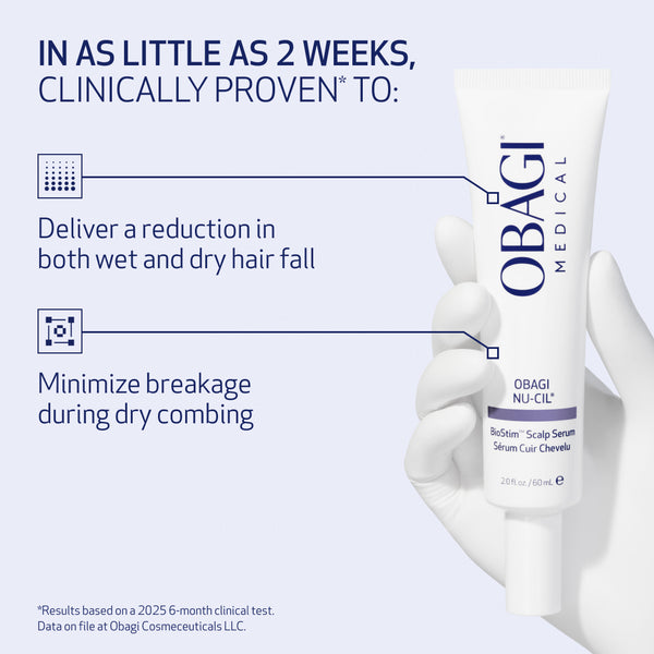Obagi Medical serum with text highlighting its benefits on a light blue background