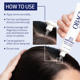 Instructions on how to use a hair serum with OBACIN branding.