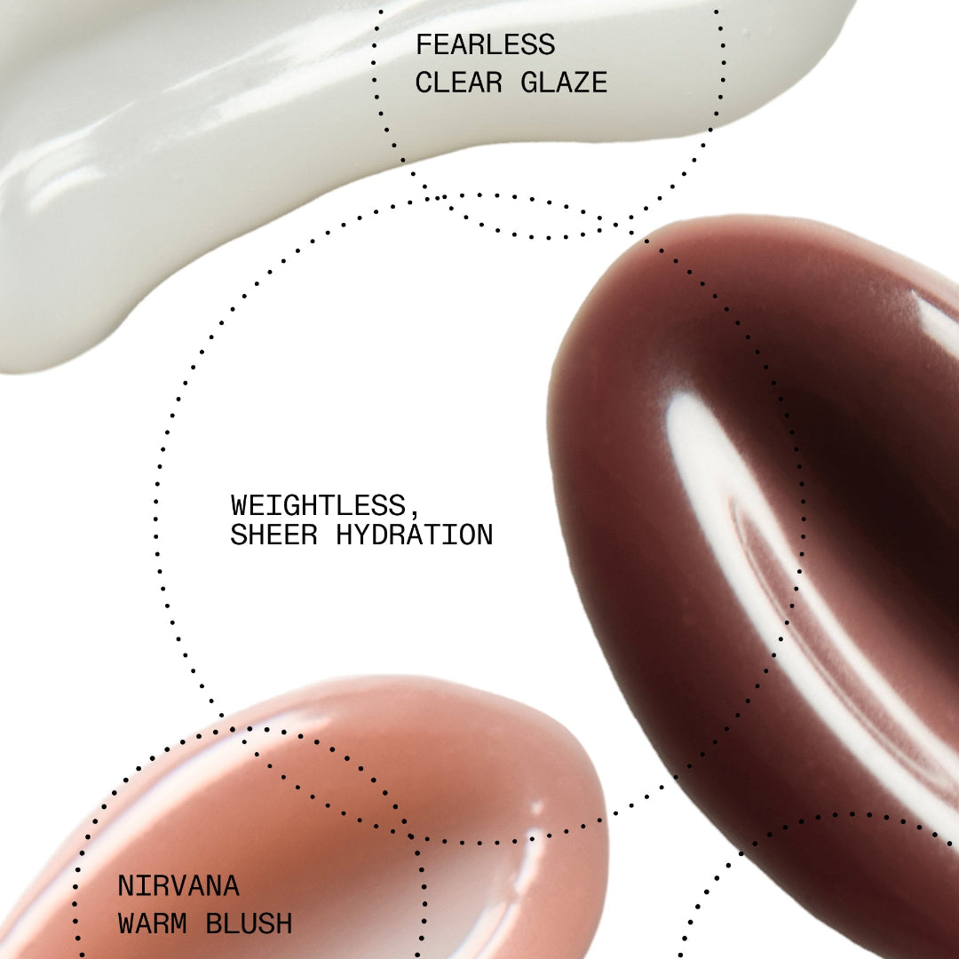 Four glossy cream swatches labeled Fearless Clear Glaze, Nirvana Warm Blush, Weightless Sheer Hydration, and Utopia Cool Mauve on a white background with dotted circles connecting them.