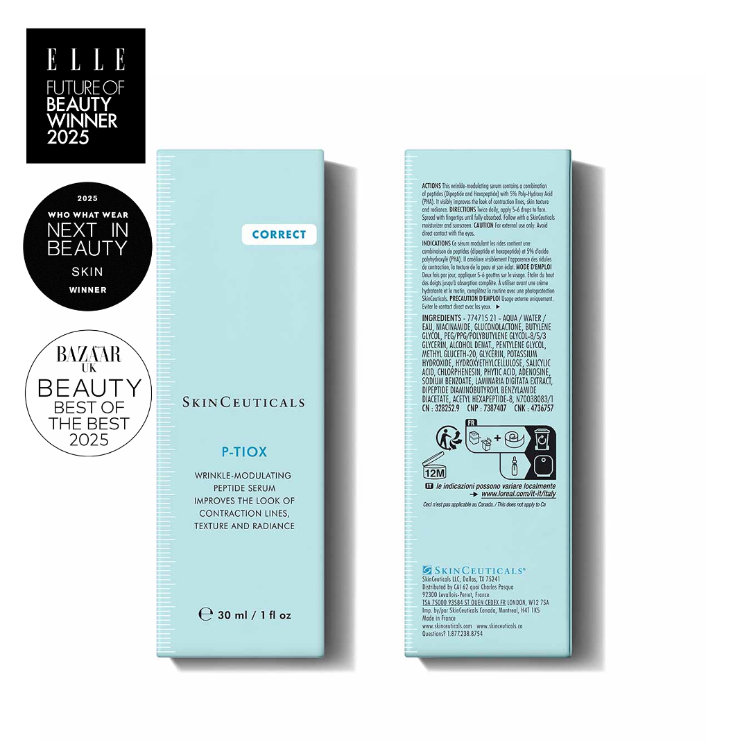 SkinCeuticals P-TiOX serum packaging with awards on a white background