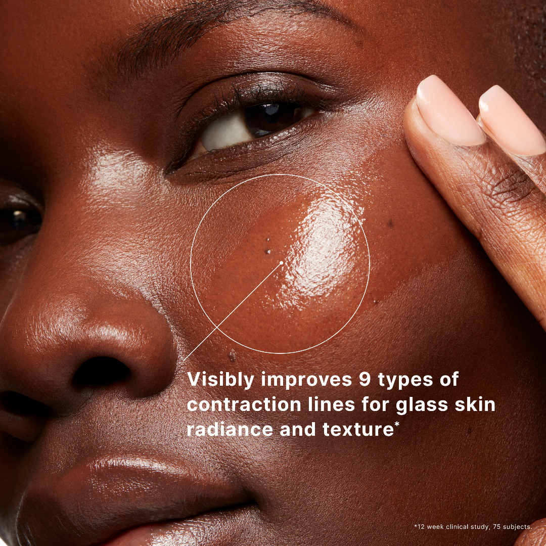 Close-up of a person's face with text highlighting skin improvement benefits