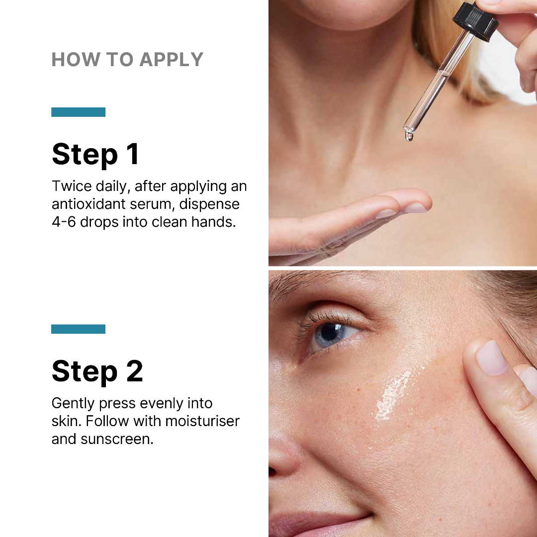 Instructions on how to apply a skincare product with close-up of application.