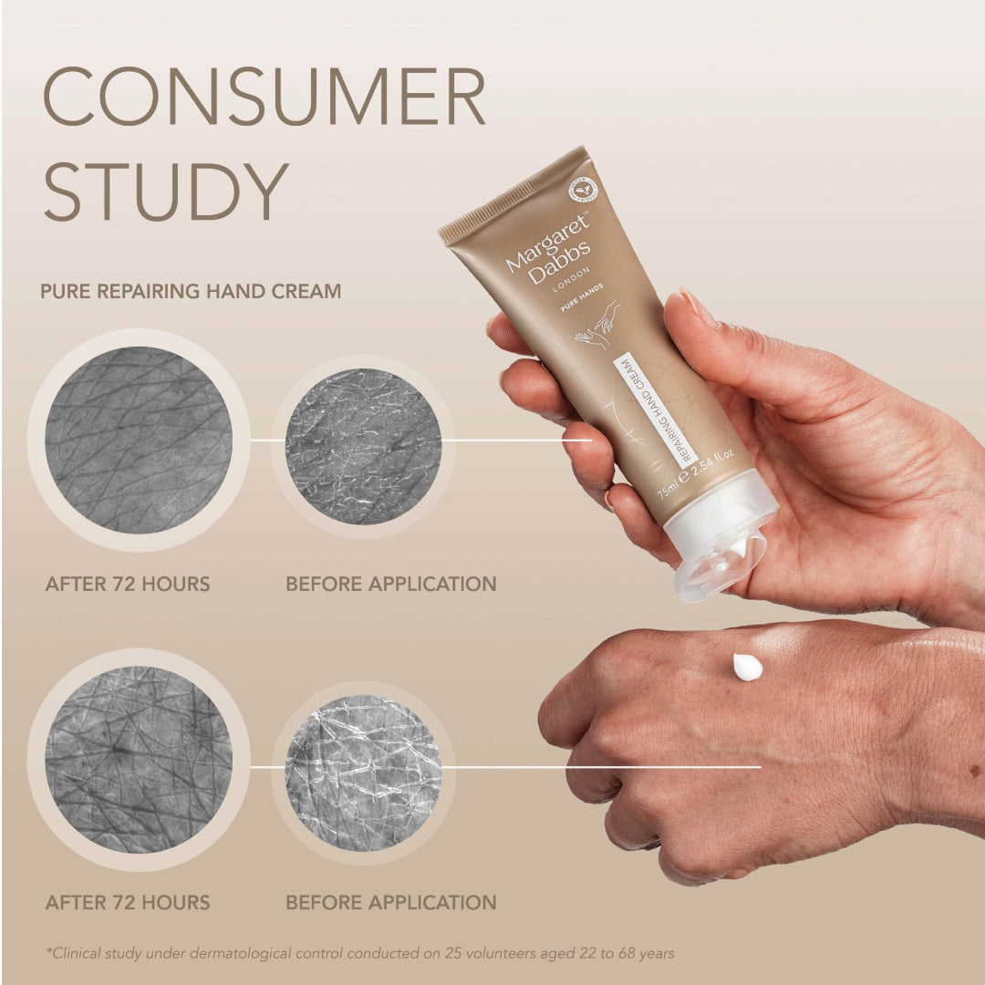 Hand holding a tube of Max Factor Dobbs Pure Repairing Hand Cream with before and after effects on skin.