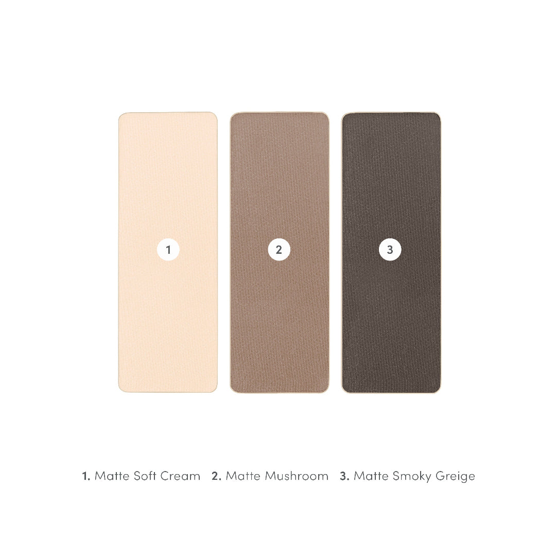 Three rectangular color sample cards labeled 1, 2, and 3 on a white background, with text below naming them Matte Soft Cream, Matte Mushroom, and Matte Smoky Greige.