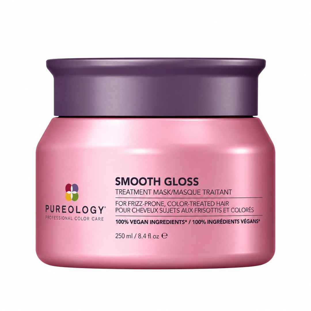 Pureology Smooth Gloss Treatment Mask in a 250 ml jar, featuring a metallic pink body and a dark purple lid, on a solid white background.