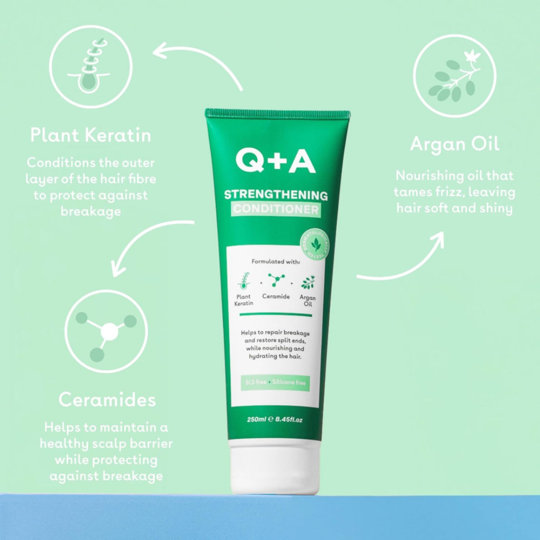 Q+A Strengthening Conditioner tube with plant-based ingredients on a green background