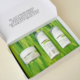 An open white gift box containing three white skincare bottles and a white jar, arranged on a green leaf-patterned insert. The inside lid reads 'PLANT-Powered DERMATOLOGICAL DEPIGMENTATION AND FLAWLESS RESCUE.