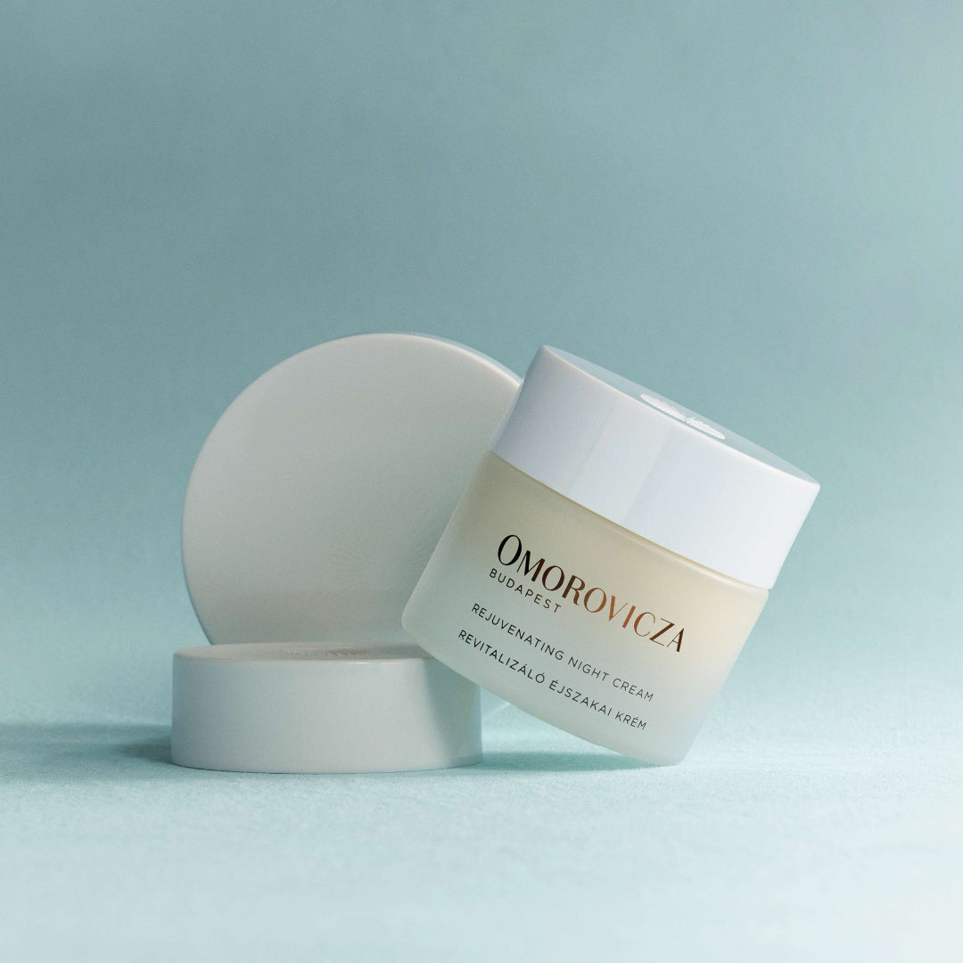 Omorovicza skincare product on a light blue background