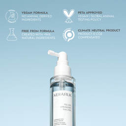 Kerastilk hair serum bottle with sustainability features on a light blue background