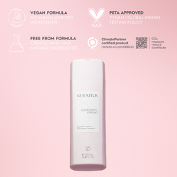 Kerastilk shampoo bottle on a pink background with certification logos.