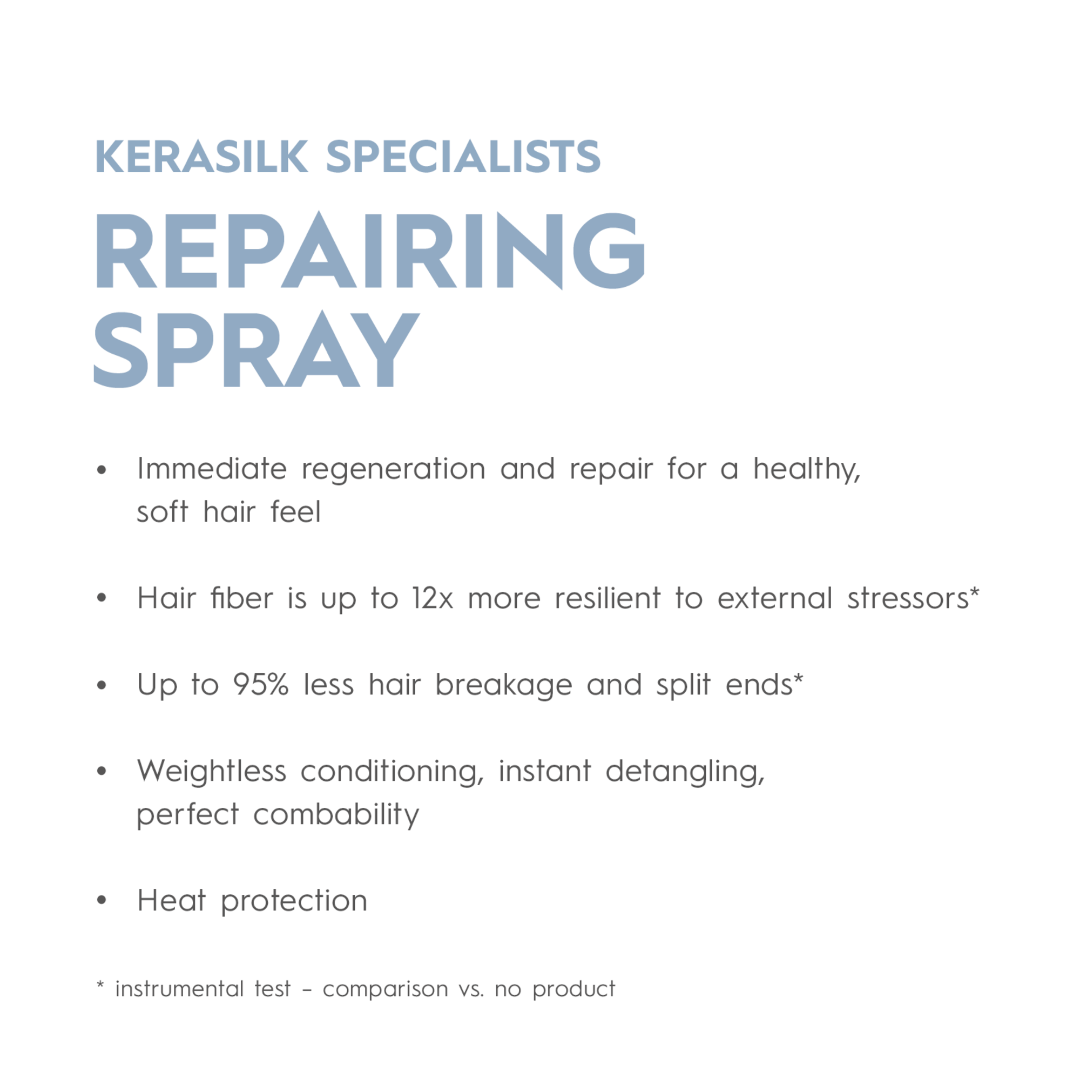 Advertisement for Kerasilk Specialists repairing spray with text on a white background
