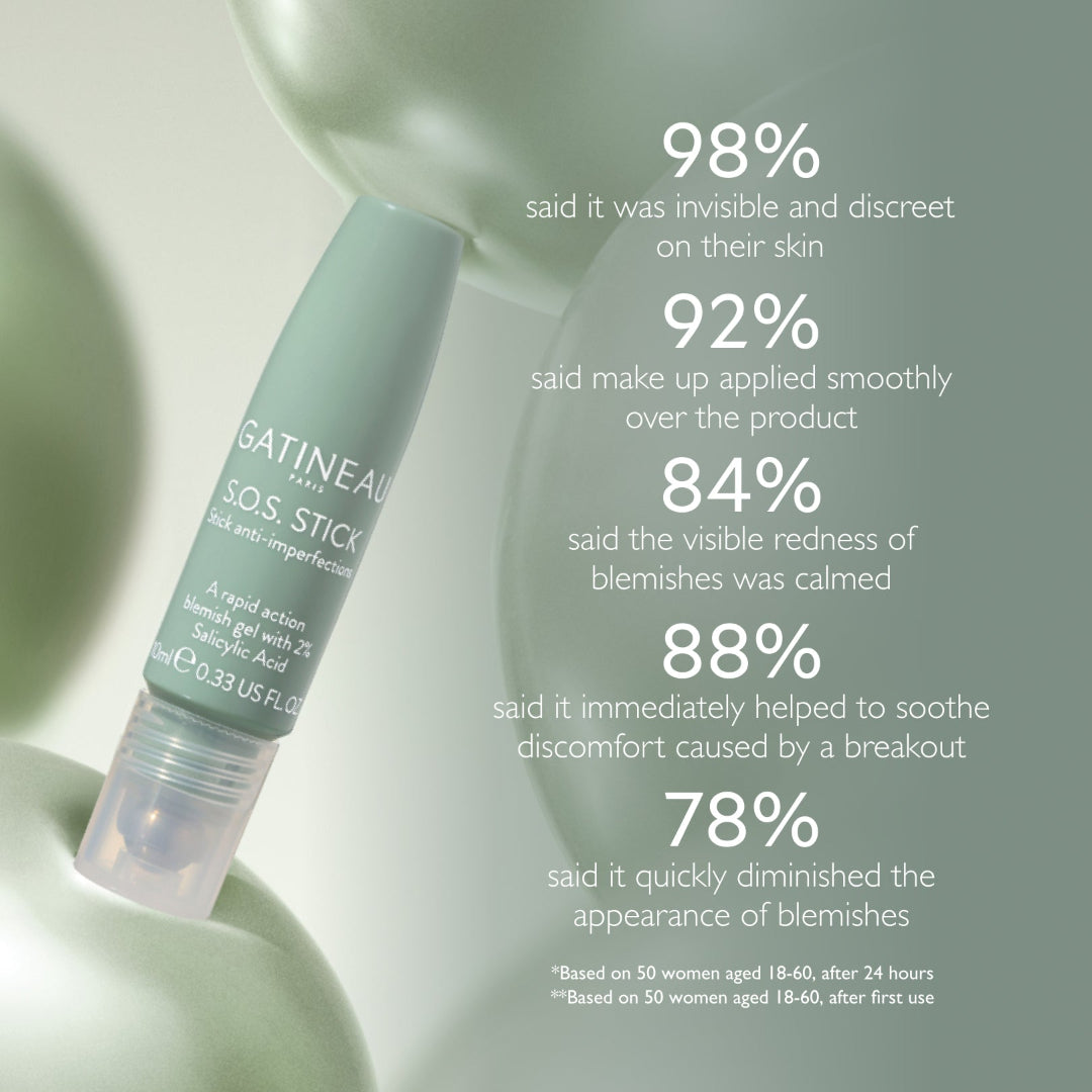 Skincare product with text showing user feedback on a light background