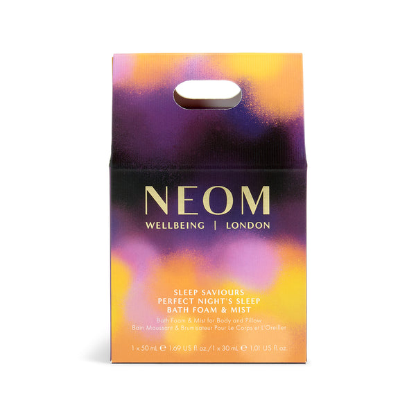 NEOM packaging with colorful gradient on a white background