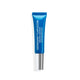 Blue skincare tube with white text on a white background