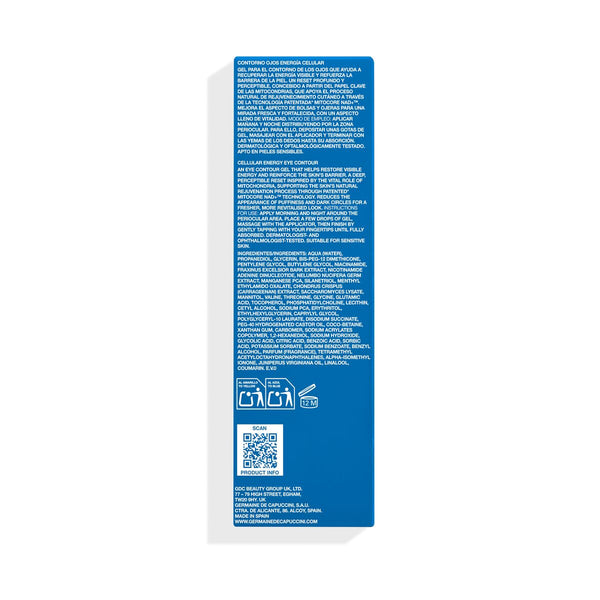 Blue product label with text and QR code on a white background