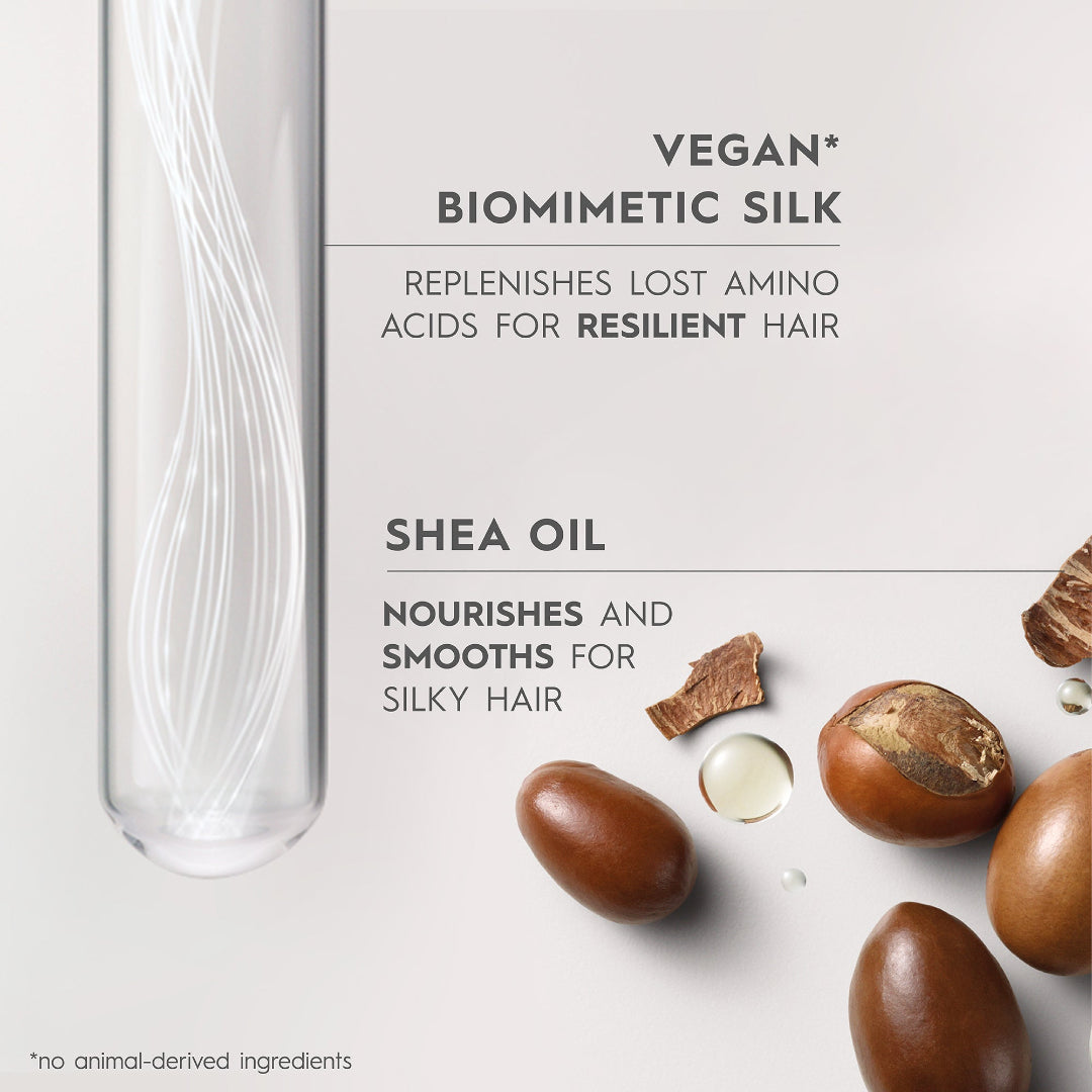 Shea butter and oil with text about vegan biomimetic silk and shea oil for hair care on a light background.