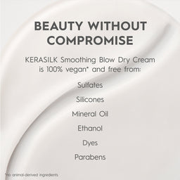 Kerasilk Smoothing Blow Dry Cream packaging with text about vegan and ingredient-free qualities.