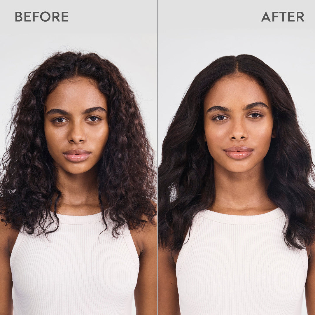 Before and after comparison of a woman with styled hair on a plain background