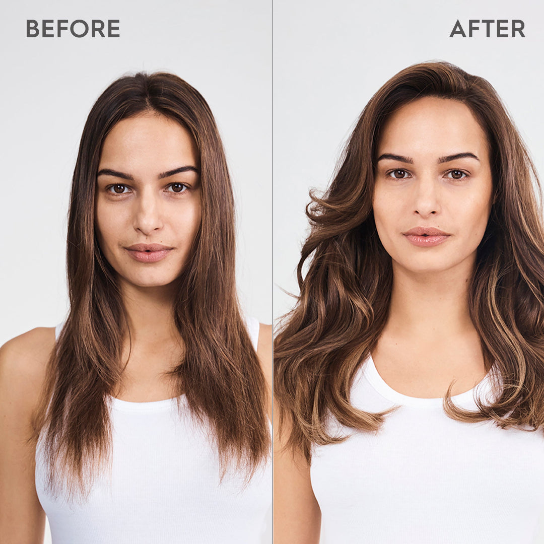 Before and after comparison of a woman with styled hair on a white background