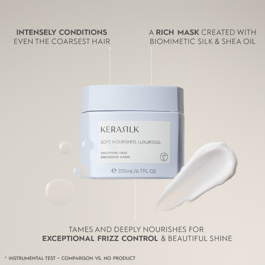 Kerasilk hair mask jar with text highlighting features on a light background