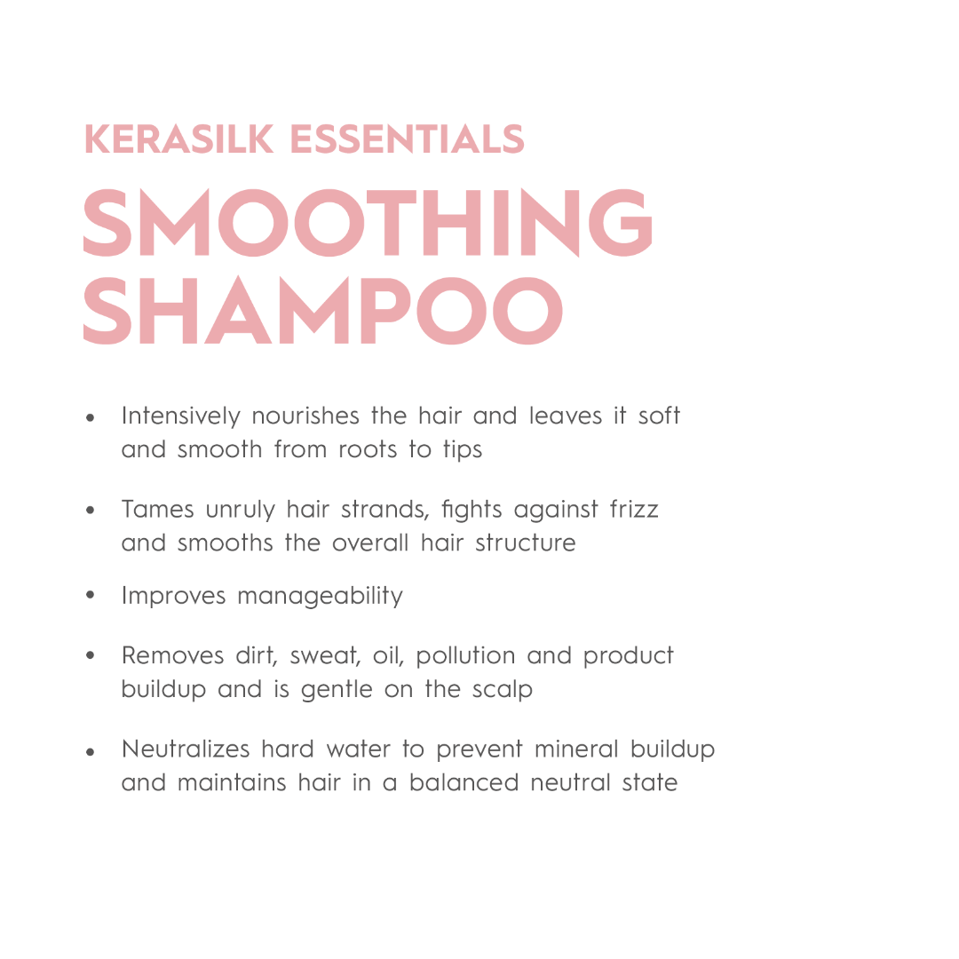Kerasilk Essentials Smoothing Shampoo description on a white background