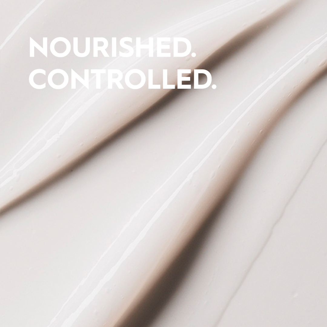 Text 'NOURISHED. CONTROLLED.' on a light background with soft pink and beige tones.