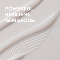 Text 'POWERFUL. RESILIENT. GORGEOUS.' on a soft beige background