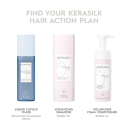 Kerasilk hair care products including Liquid Cuticle Filler, Volumizing Shampoo, and Volumizing Foam Conditioner on a white background.