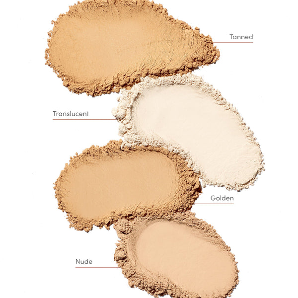 Four different shades of powder labeled 'Tanned', 'Translucent', 'Nude', and 'Golden' on a white background.