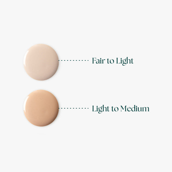 Two circular swatches of liquid foundation or makeup shade shown on a light gray background, with dotted lines and text reading 'Fair to Light' and 'Light to Medium' to indicate shade range.