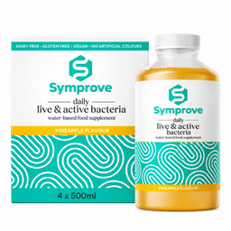 Symprove daily live & active bacteria water-based food supplement, Pineapple Flavour, shown as a white bottle with teal and yellow label next to its matching retail box.