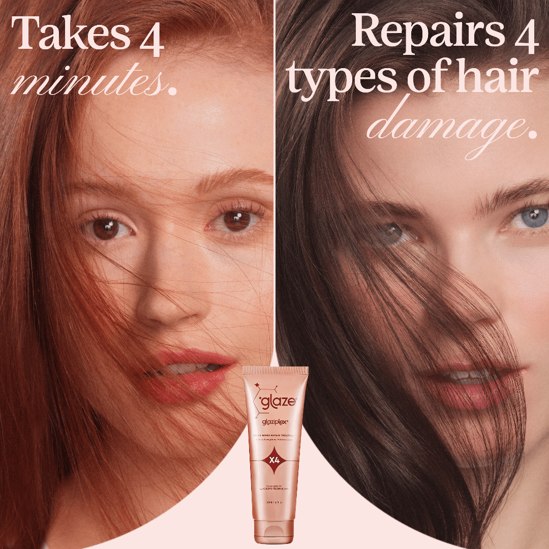 Advertisement for a hair care product showing before and after effects on hair.