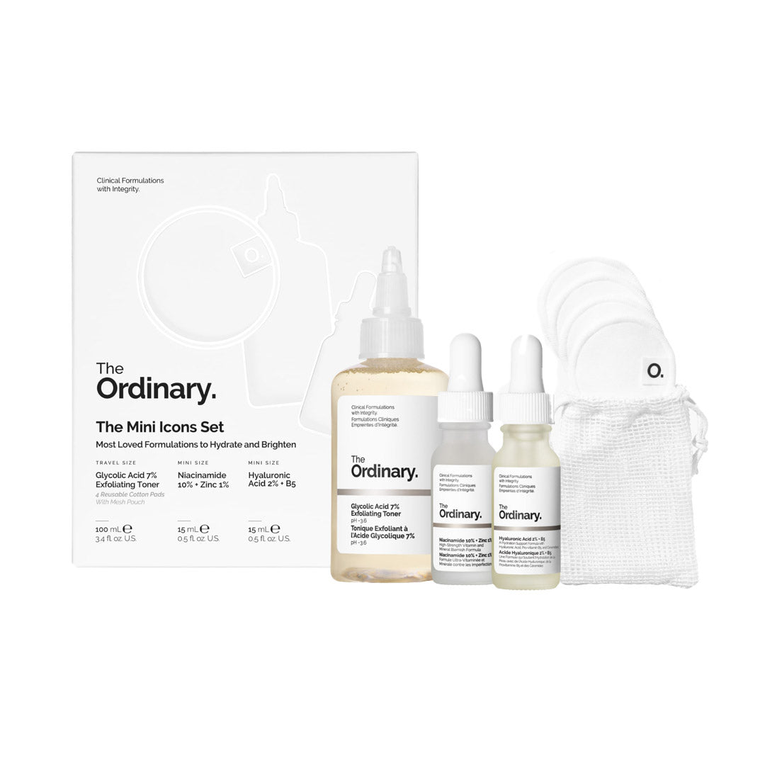 The Ordinary skincare product set including bottles and a box on a white background