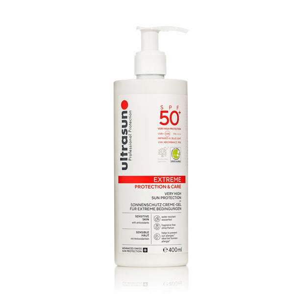 Ultrasun sunscreen bottle with pump on a white background