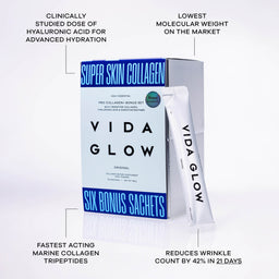 Vida Glow Super Skin Collagen packaging with product details on a white background