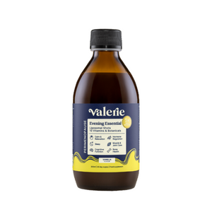 Bottle of Valerie Evening Essential supplement on a white background