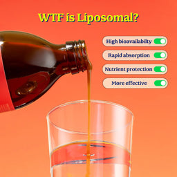 Liposomal product being poured into a glass with text explaining benefits on an orange background