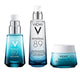 Three Vichy Mineral 89 skincare products on a white background: a blue pump bottle, a clear bottle with silver pump, and a blue-and-white jar.