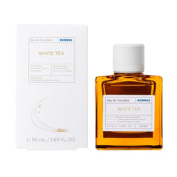 Korres White Tea perfume bottle and packaging on a white background